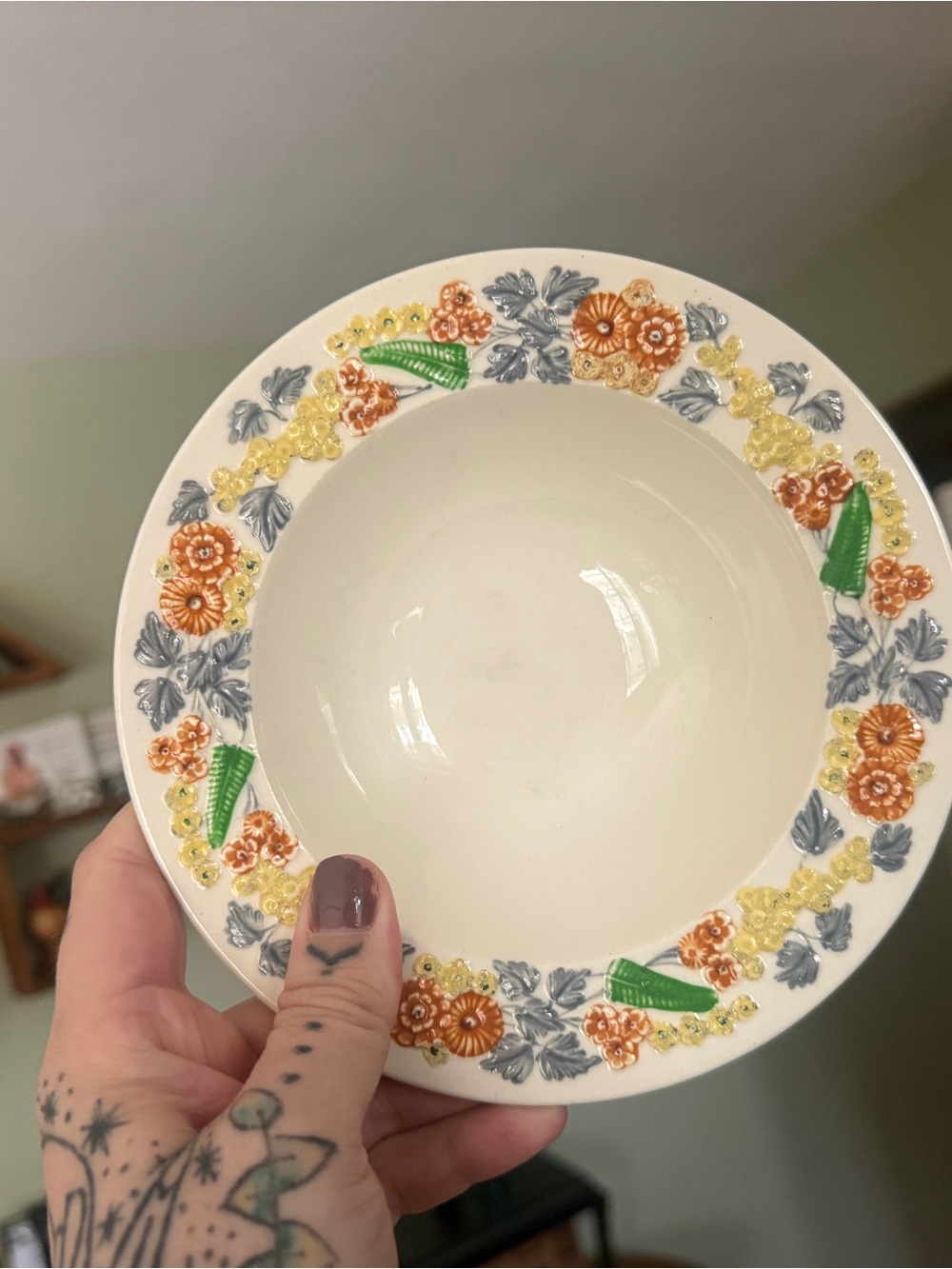 Floral Rim Ceramic Serving Bowl - White with Orange, Yellow & Green